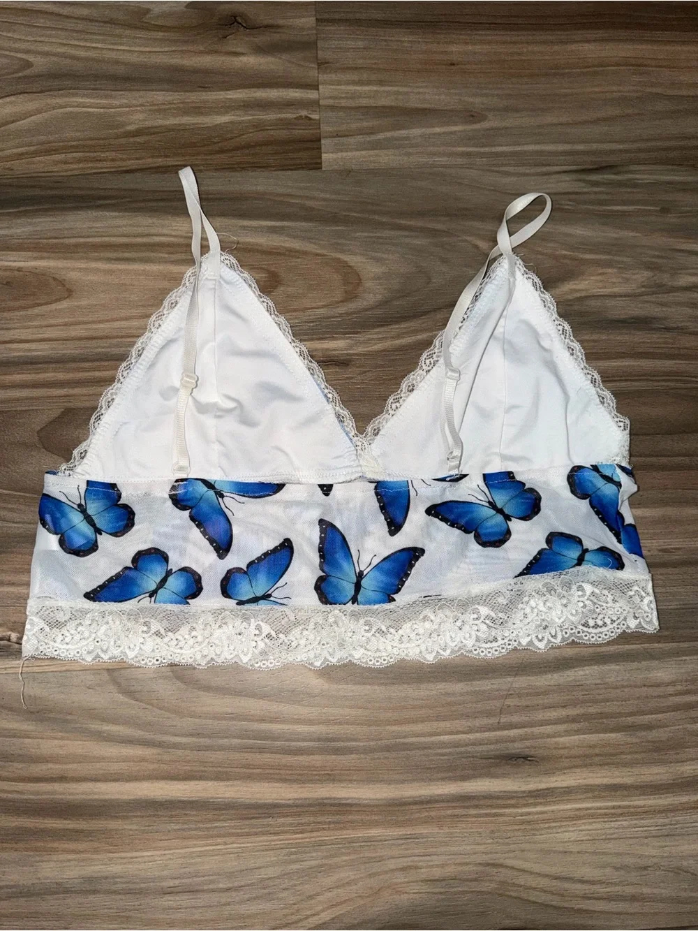SHEIN White Lace Trim Cami Top with Blue Butterfly Print - Women